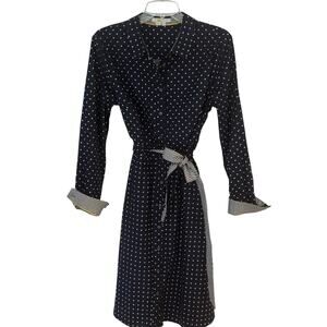 Boden Posy Shirt Belted Shirt Dress Women's Size 10R Navy Polka Dots Flip Cuff